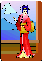 Geisha near window with the mountain in the background