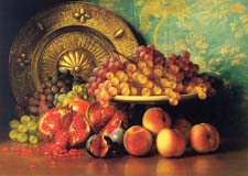 Hall, George Henry (American, 1825-1913) Figs, Pomegranates, Grapes, and Brass Plate, 1887, oil on canvas