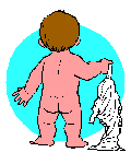 a baby walking with exposed bum