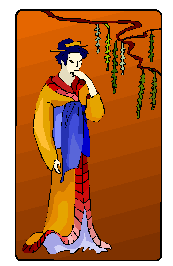 A geisha in garden wearing a yellow scarf